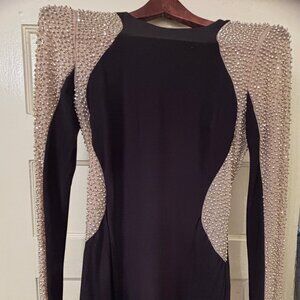 XSCAPE Black Crystal Beaded Illusion Cocktail Dress